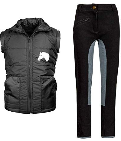 MS-Trachten Reitset Kinder Reitweste Mia schwarz gesteppt Fleecefutter mit Reitleggings Grau (134/140)