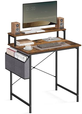 VASAGLE Computer Desk with Monitor Riser, Fabric Pouch, X-Bar Reinforcement Bars, Adjustable Legs, 55 x 80 x 90.5 cm, Industrial Style, Rustic Brown and Black LWD080B01