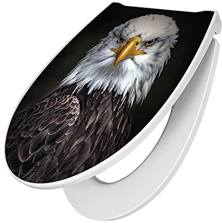 banjado Premium Toilettendeckel mit Absenkautomatik 45x38,4cm / WC Brille Soft Close/hygienischer Toilettendeckel/Klodeckel Duroplast mit Edelstahl Scharnier/Motiv Adler