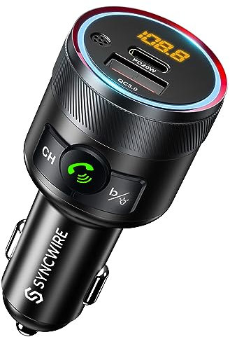 Syncwire Bluetooth 5.3 FM Transmitter für Auto, 38W PD&QC3.0 Schnelles Autoladegerät Drahtloses FM Radio Adapter Bass Sound Music Player Car Kit mit Freisprechfunktion USB-Laufwerk