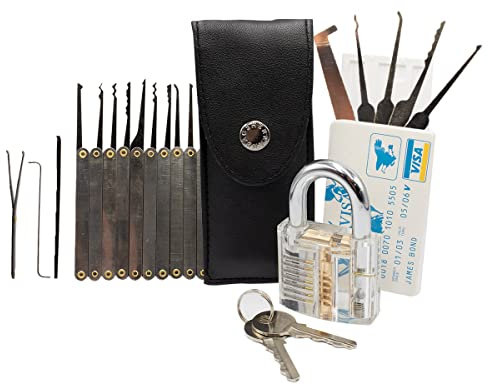 MMOBIEL 25 pièces, kit de formation professionnel d’aiguilles de serrure avec cadenas transparent de formation, outils de serrurier et carte de crédit de serrurier