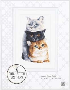 DUTCH STITCH BROTHERS - Kit Punto Croce Contato - DSB012A - Tre Gatti - Aida Bianco - 26 x 18 cm - Kit di Ricamo per Adulti