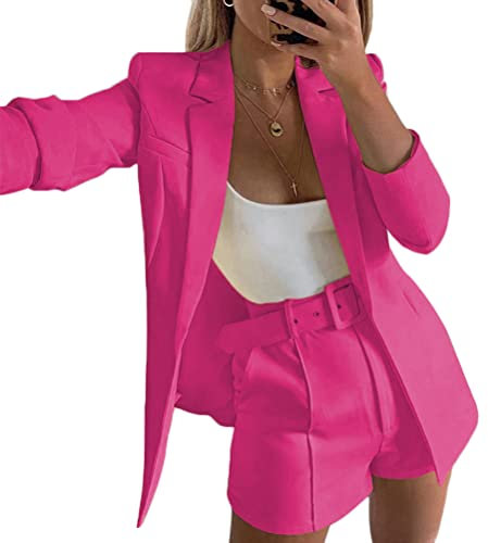 ORANDESIGNE Damen Zweiteiliger Anzug Set Revers Business Büro Einfarbig Blazer Langarm Anzugjacke Hosenanzug Slim Fit Shorts 2 Stück Anzugsets mit Gürtel Dunkelpink M