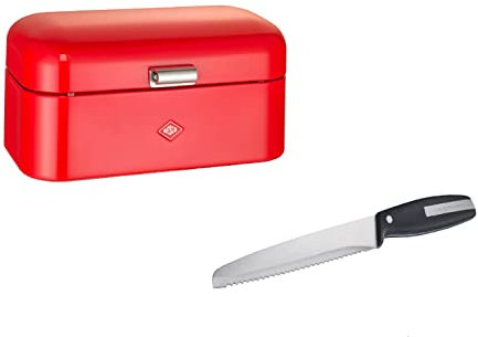 Wesco Set aus 1x Grandy Brotkasten in der Farbe Rot aus hochwertigem Stahlblech pulverbeschichtet und 1x Brotmesser mit Edelstahlklinge im Wellenschliff