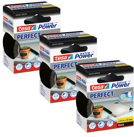 tesa Extra Power Perfect Cloth Tape - Fabric-Reinforced Repairing Tape for Crafting, Repairing, Fastening, Reinforcing and Labelling - Black - 3X 2.75 m x 38 mm