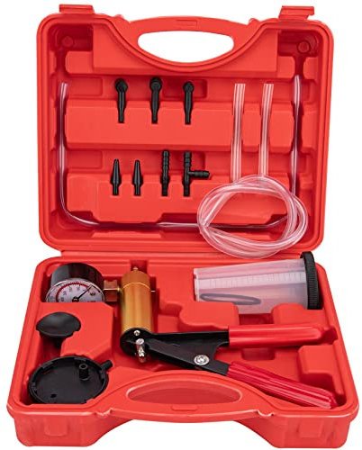 mycheng 2 in 1 Brake Bleeder Kit Hand held Vacuum Pump Test Set with Automotive Brake Fluid Bleeding Set Automotive with Protected Case Adapters One-Man Brake and Clutch Bleeding System(Red)