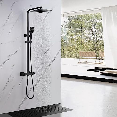 OUGOO Thermostatic Shower Mixer Set Matte Black, Complete Shower System with 10 Inch Square Rainfall Shower Head, Adjustable Riser Rail & Handheld Shower, for Modern Bathrooms