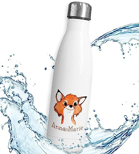 timalo® Thermosflasche Tiere personalisiert mit Namen auslaufsichere Edelstahl Trinkflasche Wasserflasche für Kinder Mädchen Jungen 750mL | Fuchs