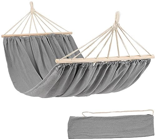 di volio Hängematte Outdoor & Indoor für 2 Personen mit Holzstangen - Doppelhängematte mit Tragetasche und Befestigungsset für Garten, Balkon, Terrasse (Hellgrau)