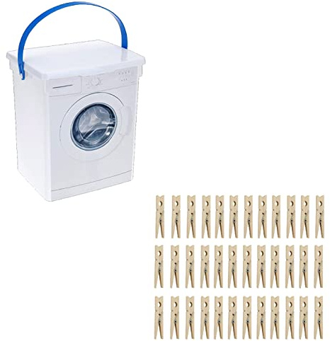 SUL Peg Storage Basket Container with Lid Washing Powder storage Box 5L with 36 Wooden Clothes Pegs, Dishwasher Machine Soap Tablet box (White Powder storage Box)