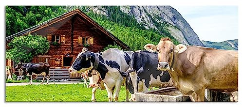 Pixxprint Glasbild Panorama, Wandbild aus Echtglas, Kühe auf Almwiese am Trog, 120x50 cm, inkl. Aufhängung und Abstandshalter