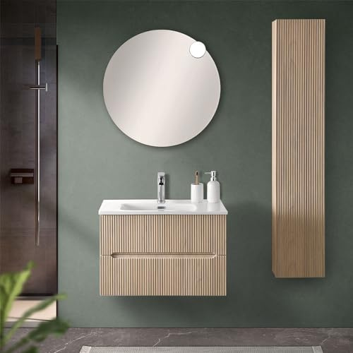 Inbagno Mobile Bagno Sospeso Cannettato 70 Cm Rovere Chiaro Con 2 Cassetti Soft-Close, Lavabo In Ceramica BALI