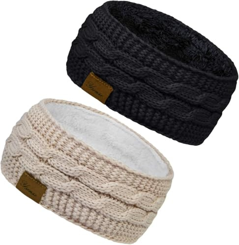 Winter Schleifen Stirnband Damen Gestrickt Warmes Stirnbänder Ohrenwärmer | Kopfband Haarband Verdicken für Frauen Mädchen, Elastische Häkelarbeit Thermo Stirnband (Reines Schwarz, reines Grau)
