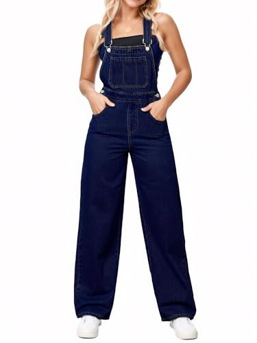Flvsun Womens Overalls Denim Straight Wide Leg Jeans Overall Loose Fit Bib Baggy Jean Jumpsuits Adjustable Straps Dark Blue M.