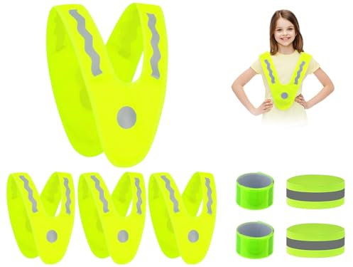 Anlising 4PCS Warnweste Kinder+4PCS Reflektorband, V-Form Leichte Kinderwarnweste, Reflektorweste Kinder, Warnschutzweste Kinder, Sicherheitsweste Kinder, Warnwesten für Kinder Laufen und Radfahren