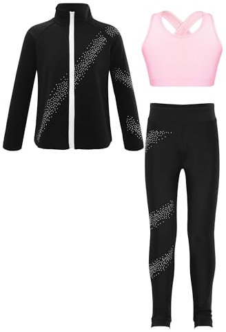 iiniim Kinder Mädchen Trainingsanzug Eiskunstlauf Anzug Glitzer Strass Langarm Sweatjacke + Hose Sport Leggings Yoga Gym Eislaufen Tanzkleidung Rosa 158-164