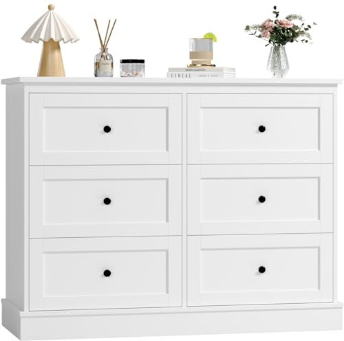 FOREHILL Bedroom Chest of Drawers White Storage Cabinet with 6 Drawers White Sideboard Dresser Drawers for Living Room Hallway 108x40x87cm