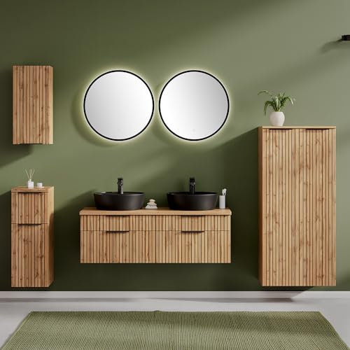 Lomadox Badmöbel Set 6-teilig inkl. Doppelwaschtisch 120cm in Eiche, Fronten gestreift | Aufsatzbecken schwarz, Spiegel mit LED