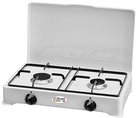 Fornello 2 fuochi a gas GPL Valvolato smaltato bianco per uso interno Made in Italy completo di regolatore di pressione e 1500 mm. di tubo gas - 2002/GPS