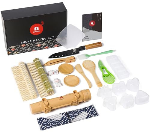 SUPJOYES Sushi Making Kit - 27 in 1 Complete Maker for Beginners, With Bamboo Rolling Mat, Bazooka, Knife, Chopsticks, Nigiri/Onigiri/Gunkan Molds, Guide Book & More