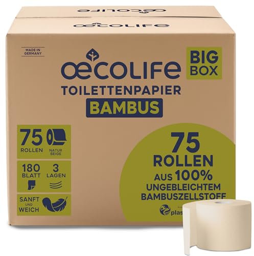 œcolife Toilettenpapier BAMBUS, 75 Rollen à 180 Blatt, 3-lagig, aus nachhaltigem Bambus, plastikfrei verpackt