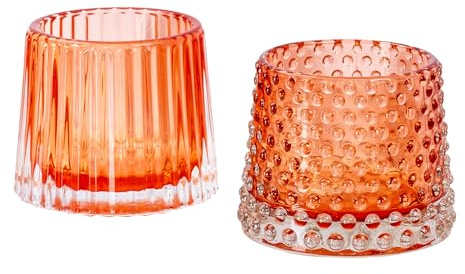 2er Set Teelichthalter H7cm Glas Orange Kerzenhalter Tischdeko Kerzen Retro Deko Windlichter