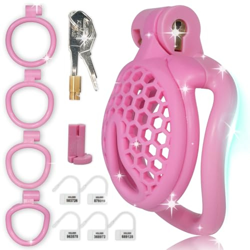 Crysore Pink Mini Chastity Cage for Men with 4 Testicle Rings Honeycomb Breathable Cock Cages Dark Lock Design SM Penis Sex Toy for Man Couple (Arc Ring,Pink)