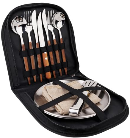 Set di stoviglie da campeggio per 2 persone, 12 pezzi, in acciaio inox, posate da picnic, borse portatili, maniglie in venatura del legno, tappetino da pranzo