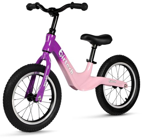 14 Balance Bike for Boys and Girls, Air Tires with Magnesium Alloy Frame, Lightweight No Pedal Kids' Bike for 3-6 Years Old, Training Bike with Adjustable Handlebar and Seat (Purple&Pink, Air Tire)