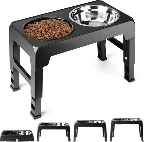 Raised Dog Bowls, Elevated Dog Bowl with 4 Heights Adjustable Stand, Pet Feeding Station, Slow Feeder Dog Bowl and Stainless Steel Bowls for Small Medium Large Dogs
