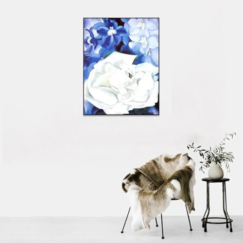 ytonghao Georgia O'Keeffe „Weiße Rose mit Rittersporn“, Leinwanddruck, Ölgemälde-Reproduktionen, abstraktes Kunstwerk, Poster, Heimdekoration, 80 x 100 cm, rahmenlos