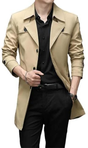 JXQXHCFS Trench da uomo classico tinta unita business casual lungo trench cappotto da uomo abbigliamento da lavoro cappotto stand collare cappotto primavera e autunno, cachi, S