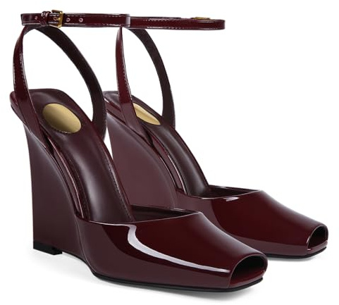 CAGLGLZ Peep Toe Wedges Sandals for Women Square Open Toe Buckle Ankle Strap Wedge Heels Patent Leather Slip-on Slingback Pumps Sexy Dressy Summer Shoes(Wine Red,8)