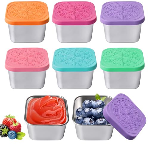 Snackbehälter aus Edelstahl, Salatdressingbehälter, Saucenbehälter mit Deckel aus Silikon, wiederverwendbar, für Picknick, Reisen, 6 Stück