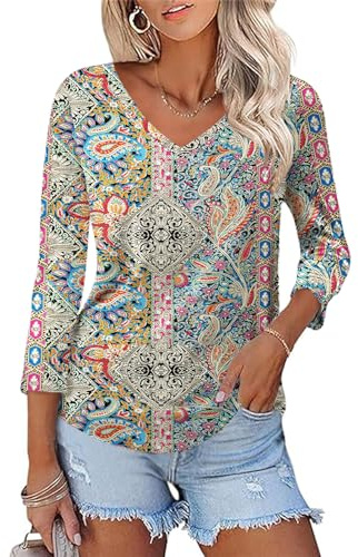 Rapbin Boho Bluse Damen V-Ausschnitt Lässig Shirts Damen 3/4 Arm Sommer 2026 Elegant T-Shirt