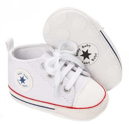 xioqen Unisex Baby Boys Girls Shoes, Newborn Infant Non-Slip Canvas Denim High Top Sneakers, Toddler First Walkers Shoes (01/White_red, 12-18 Months