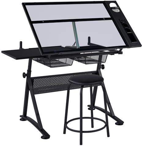 Soberine Scrivania Disegno Inclinabile con 1 Sgabello e 2 Cassetti 141 x 60 x 91 cm Tavolo da Disegno Pannello in Vetro Regolabile in Altezza per Pittura Lettura Scrittura