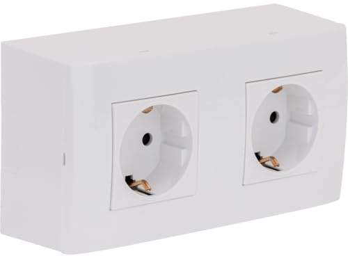 Zenitech, Doppel-Schuko-Steckdose mit Aufputz-Erdung + Kalya-Abschlussplatte, Weiß, Kindersicherung, automatische Klemmen, 16 A 230 V, Max. Leistung 3500 W, IP20, CE-Norm