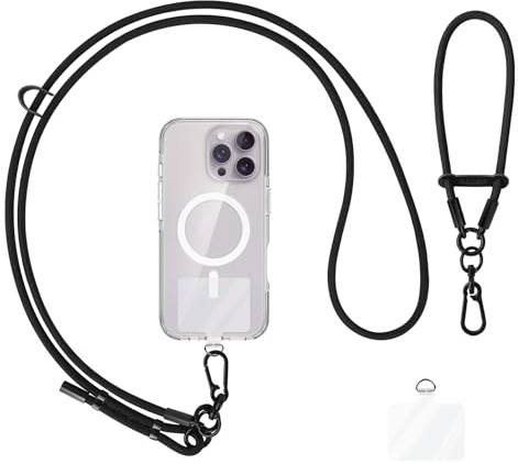 AULEEP Phone Lanyard Crossbody (Black) - Wrist Strap for Women Men, Anti Theft Phone Strap 6mm Compatible with Smartphones iPhone, Neck Phone Lanyard Accessories with 2 Plastic Patches (2 Pcs)