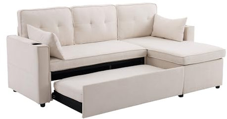 SOFTWEARY Ecksofa mit Bettfunktion, Stauraum, Armlehnen, Zier- und Rückenkissen, L-Form Sofa, Leinenbezug, Federkerns, Wohnzimmersofa (beige)