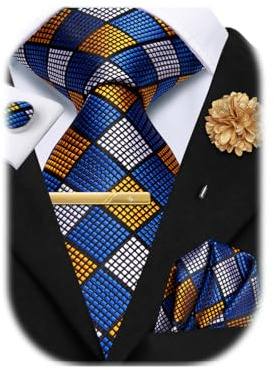 Hi-Tie Herren-Krawatten-Set, Krawatte und Einstecktuch, Manschettenknöpfe, Blume, Anstecknadel, Clip, Set für Hochzeit, Business, 4 Stück, Blau, Gold, Weiß, M