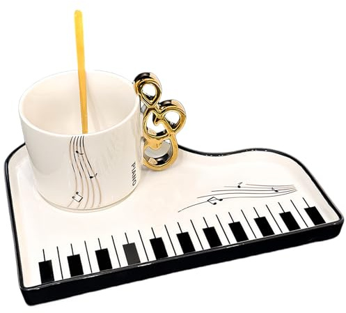 Klavier Kaffeetasse, 200ml Musiknoten Keramik kaffeebecher, Tassen Untertassen Set Cappuccino Tassen mit Unterteller und Löffel, Espressotasse für Musikliebhaber (Weiß)