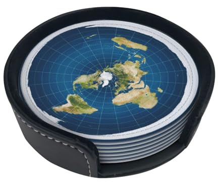 PU Leather Coasters Set of 6 with Holder, Flat Earth Map Model Coasters for Drinks, Bar, Coffee, Table, Cups, 4 Inches