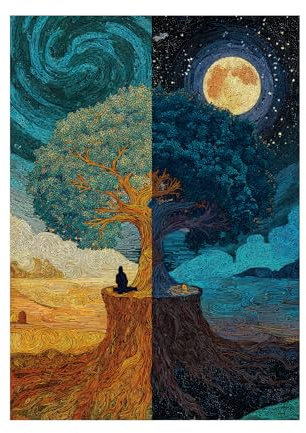 XENIOU Arbre De Vie Les grands arbres de nuit et de jour sont grands tableaux, posters et arts décoratifs, Pour la maison, le bureau, la chambre(noir)-60x90cm Sans cadre