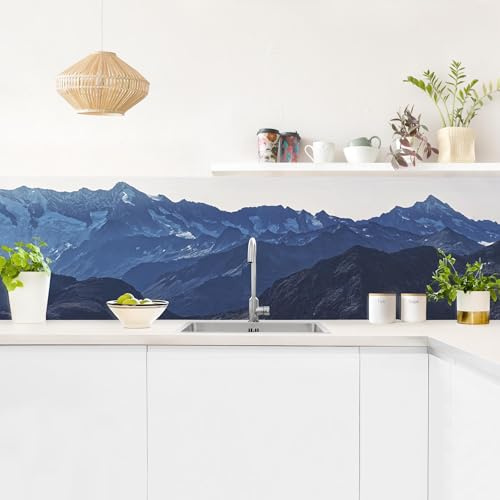 micasia Crédence de cuisine adhésive imperméable nature sans joint revêtement mural montagne film rigide mat bleu fond de hotte motif 1847 (245x70cm)