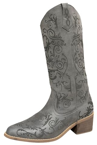 Cowboystövlar dam hög – ridstövlar broderi jacquard västerländska stövlar blockklack läderstövlar lång skaft slip-stövlar vintage eleganta damstövlar PU-läder ankelstövlar, GRÅ, 38 EU