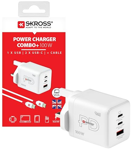 SKROSS USB Charger, 100W | USB Type A & Type C, Compact Fast Charger, For MacBook, iPhone, Galaxy, iPad, All USB Devices, 160cm C to C Cable Included