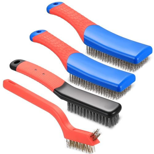 4 Stück Edelstahl Drahtbürsten Set, Stahlbürsten, Handdrahtbürste Rostentfernen, Rostentferner Metallbürsten mit Komfortabel Griffe, Edelstahlbürsten für Reinigung Grill Rost Malen Schweißschlacke