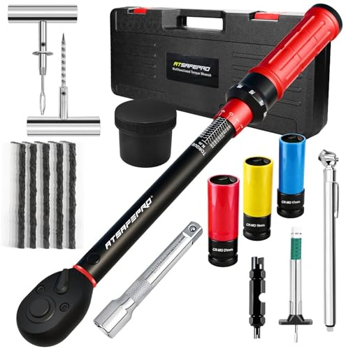 ATsafepro Jeu 12 Pièces Clé Dynamométrique 1/2 20-230 Nm, Kit Réparation Pneus Manomètre Jauge Profondeur Sculpture, Précision ±3% Pour Voiture