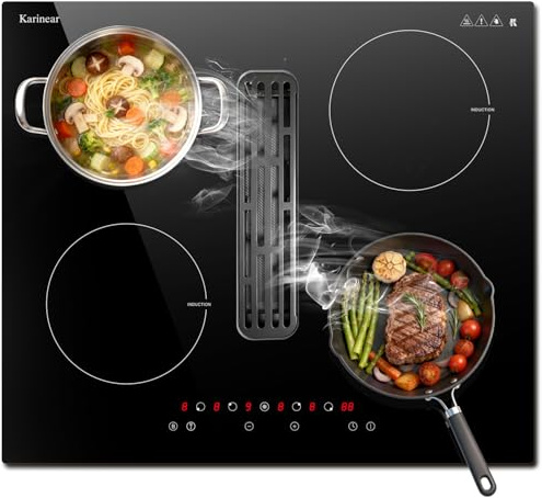 Karinear Built-in Induction Hob with Extractor Hood, 6400W, 9 Power, Touch Control with Timer, Safe Lock, Boost, Fume Extraction Function